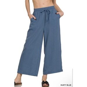 Zenana Woven Crepe Pants Women Size L Dusty Blue NWT Wide Leg Drawstring Pockets